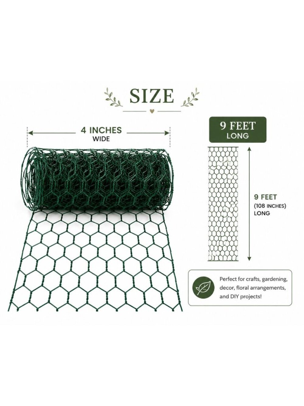 Green Chicken Wire Ribbon Roll 4 Inch Wide x 9 Feet Long Floral Mesh Netting Wre - Picture 2 of 10